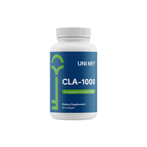 Front view of a bottle of CLA-1000 by UNI KEY Health