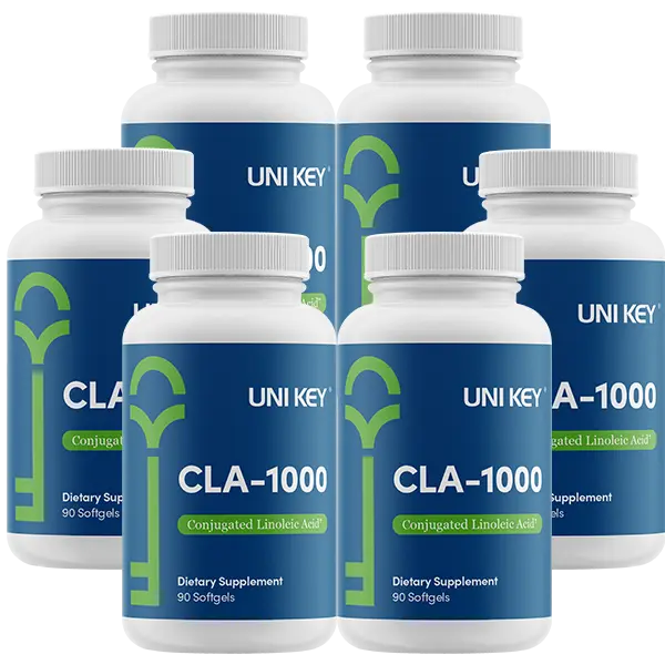 Front view of 6 bottles of CLA-1000 by UNI KEY Health
