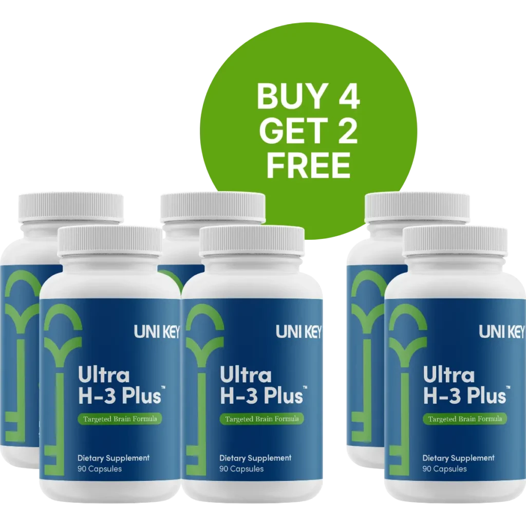 Six bottles of Ultra H-3 Plus with a green badge showing “Buy 4 Get 2 Free.”